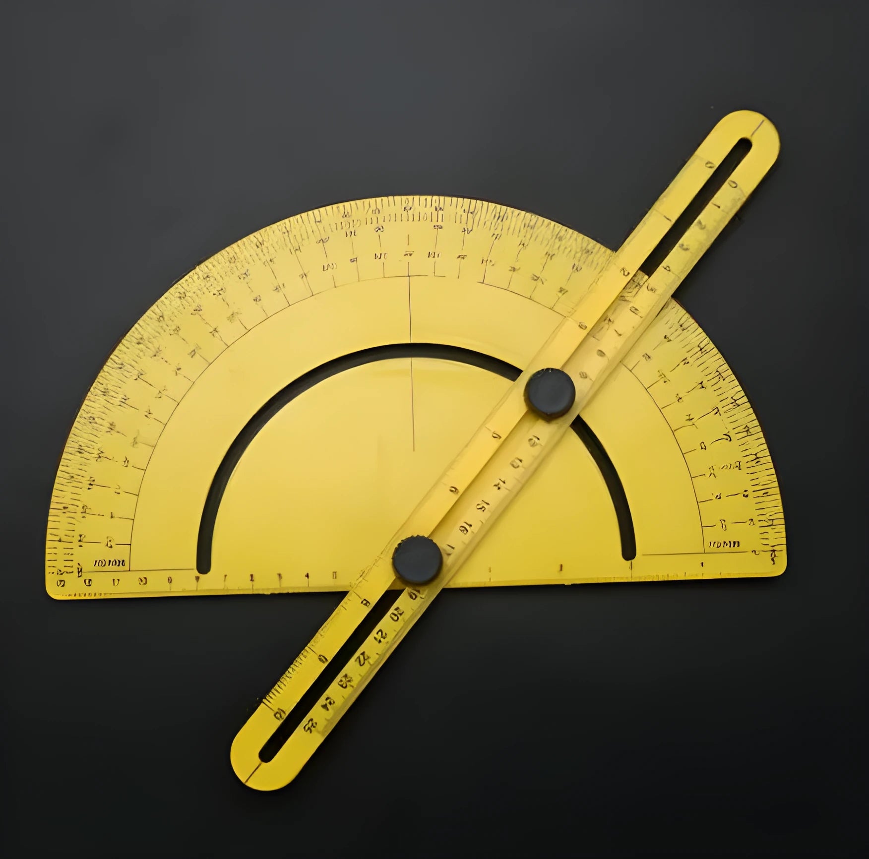 White ABS plastic carpentry ruler with 180 degree angle measuring arm and scale board.