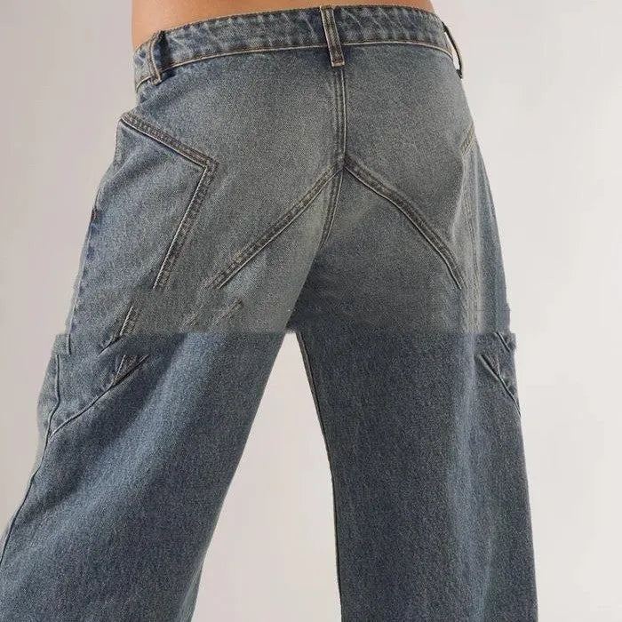 Women's blue loose straight wide leg cotton trousers with low waist and stitching detail