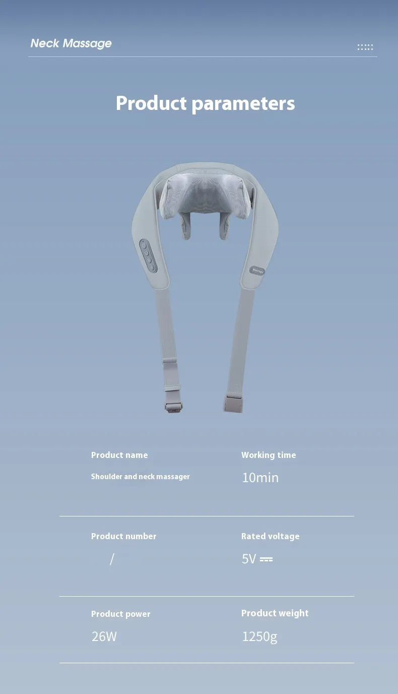 Grey elastic fabric covered neck and back massager with USB charging cable
