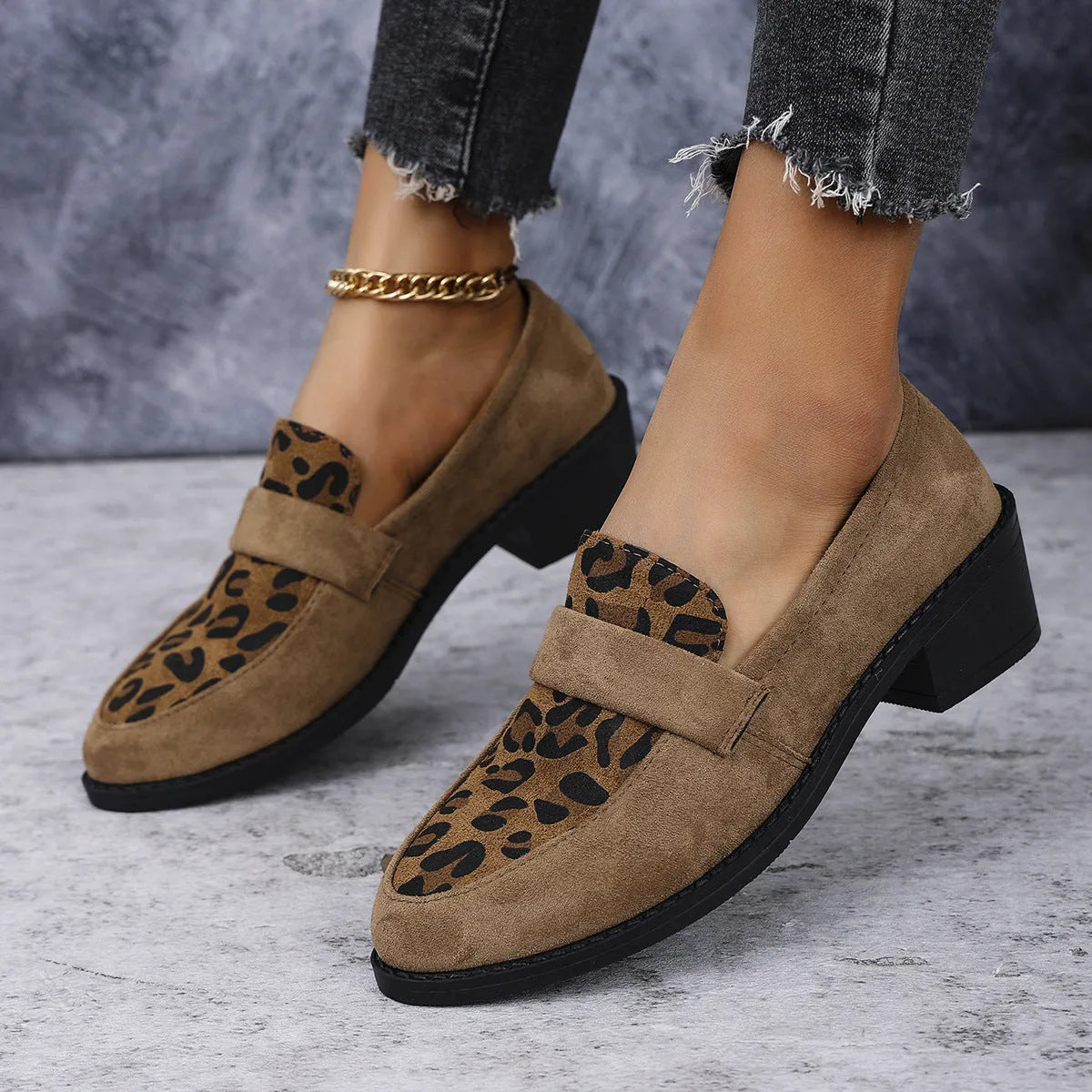 Leopard print suede slip-on shoes with a chunky mid heel and pointed toe in pink, brown, or khaki.