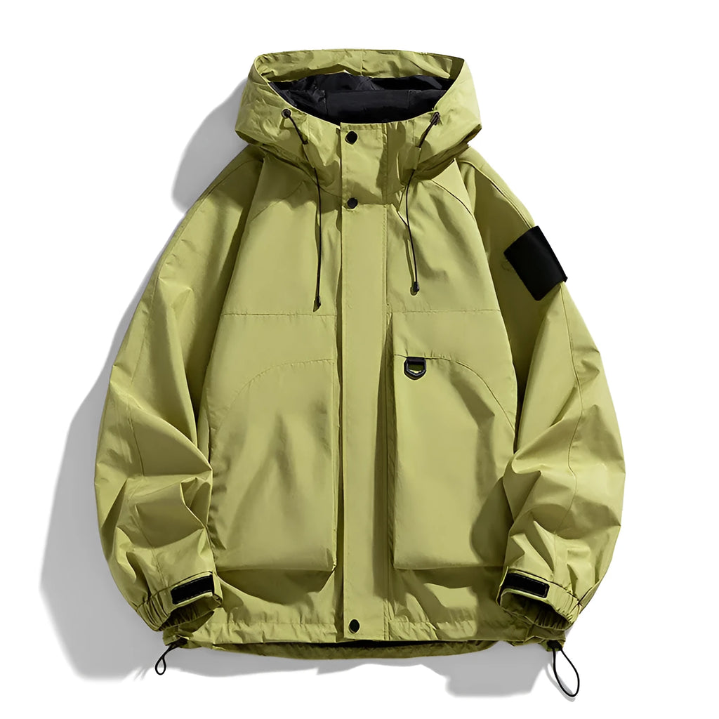 Men's waterproof windproof hooded jacket in polyester blend available in black, ginger yellow, or purple