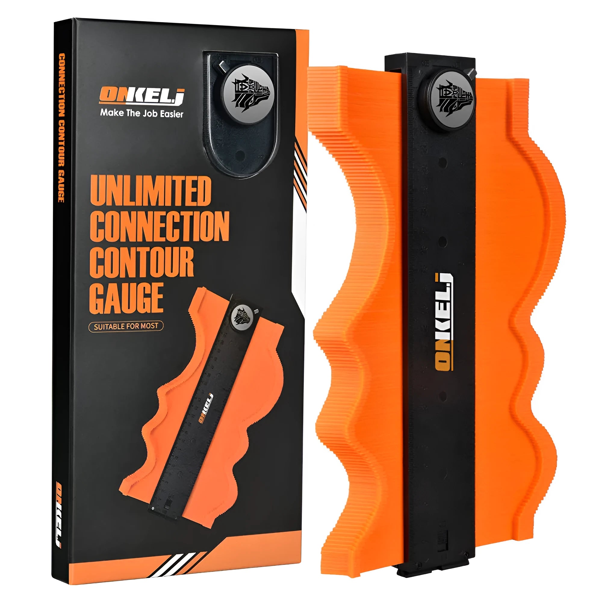 10-inch contour gauge tool with stainless steel pins and a locking belt on a blue ABS body.