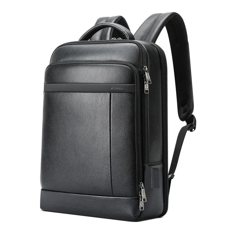 Black genuine cowhide leather business backpack with USB charging port and curved shoulder straps