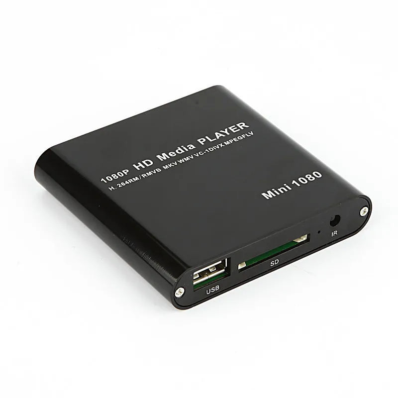 Compact blue and black 1080p Full HD media player with HDMI port and remote control