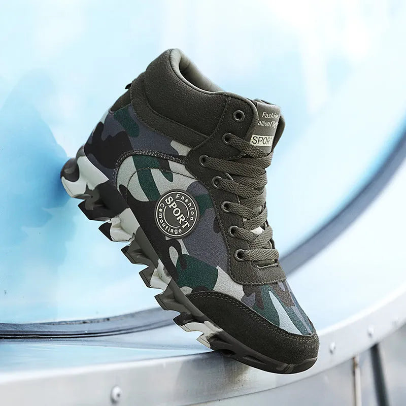 Green women's camouflage canvas sneakers with rubber soles shown in casual style