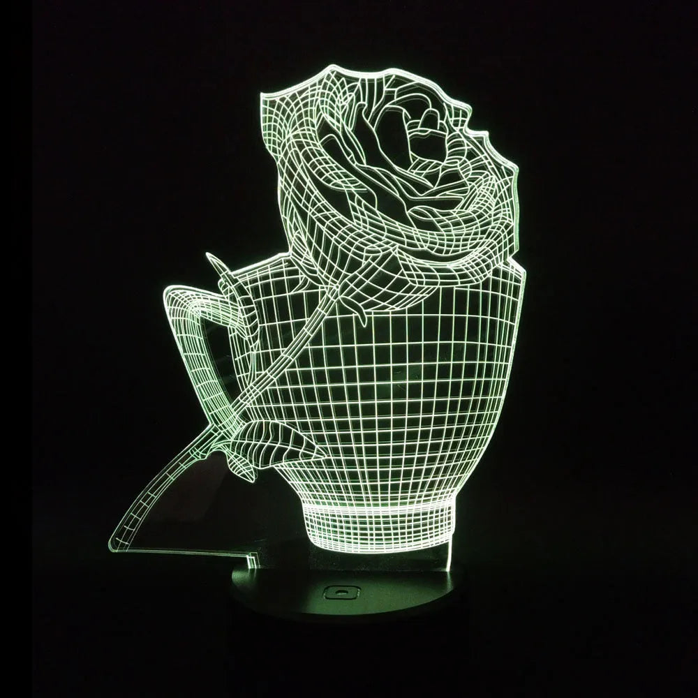3D rose flower shaped night light glowing with multi-coloured LEDs on a black ABS base.
