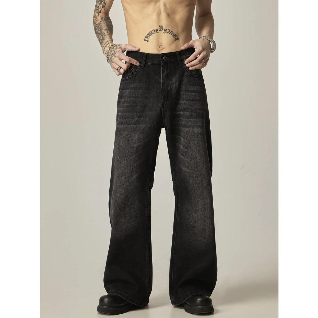 Black American retro straight-leg jeans with loose fit and zipper fly closure