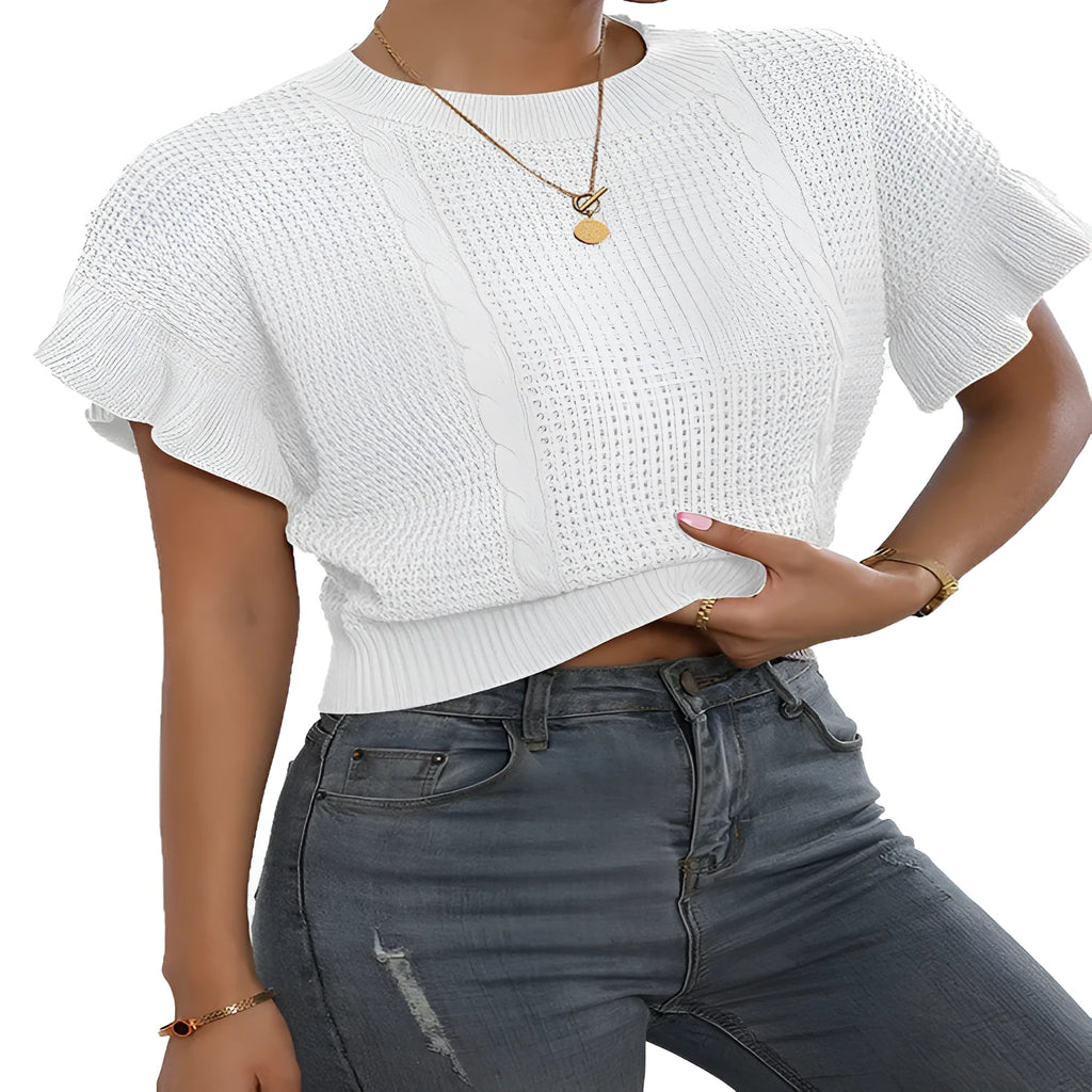 Twisted string detail and ruffled short sleeves on a loose-fit round neck knitted pullover sweater.