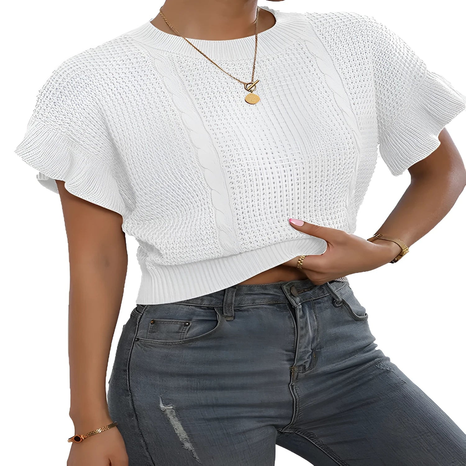 Twisted string detail and ruffled short sleeves on a loose-fit round neck knitted pullover sweater.