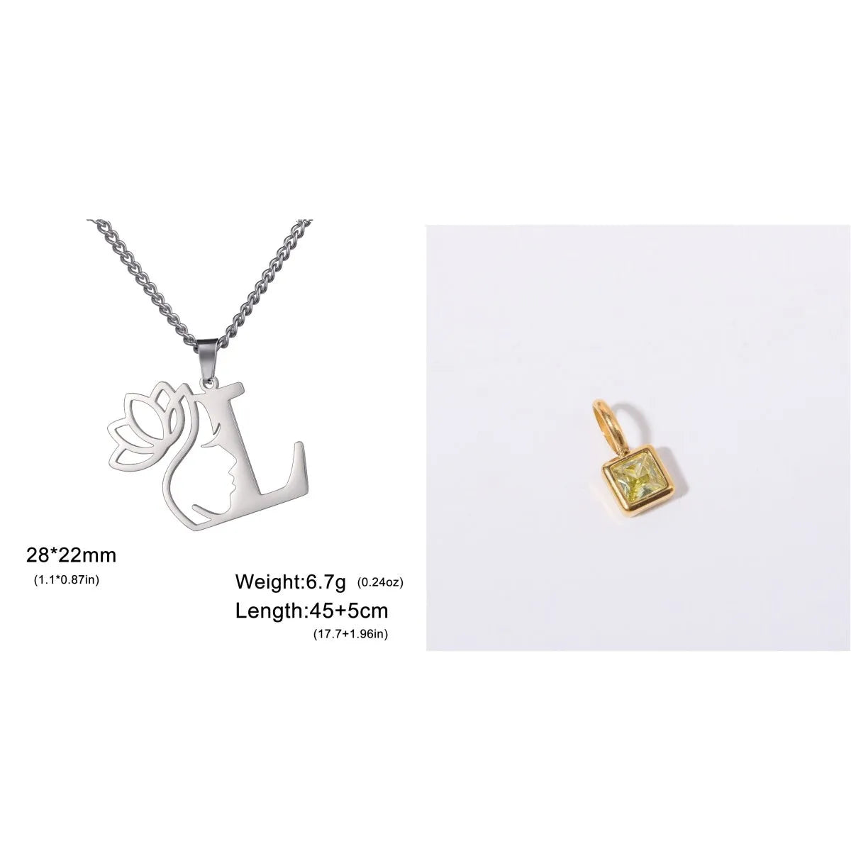 Stainless steel necklace with cross chain design and single letter pendant in gold or silver electroplated finish