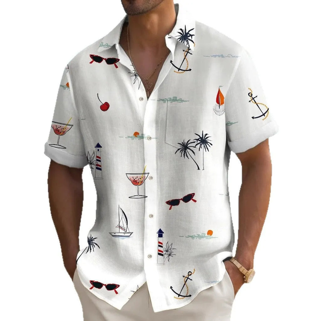 Man wearing a loose-fit digital print Hawaiian shirt with short sleeves, showcasing one of the multi-coloured pattern options.