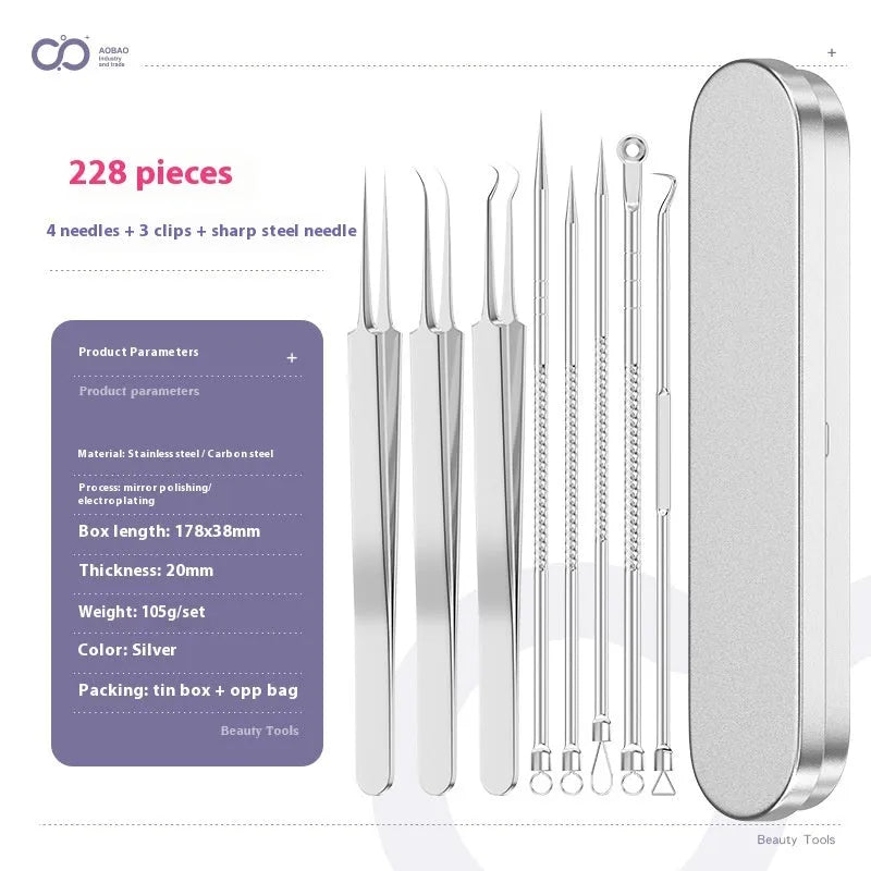 Four-piece metal acne needle set with ultra-fine pointed tips for blackhead removal