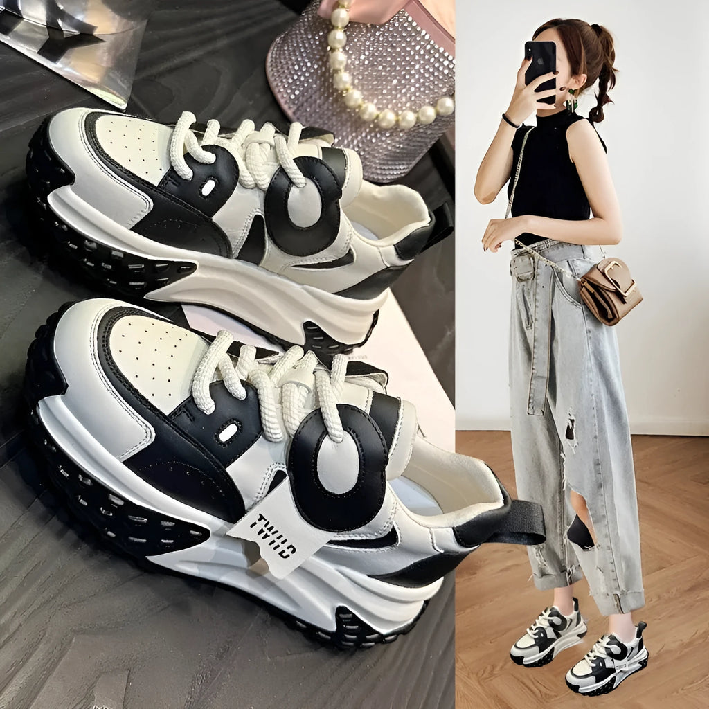 Leather sports casual shoes with thick wedge soles and front lace-up closure in multiple colour options
