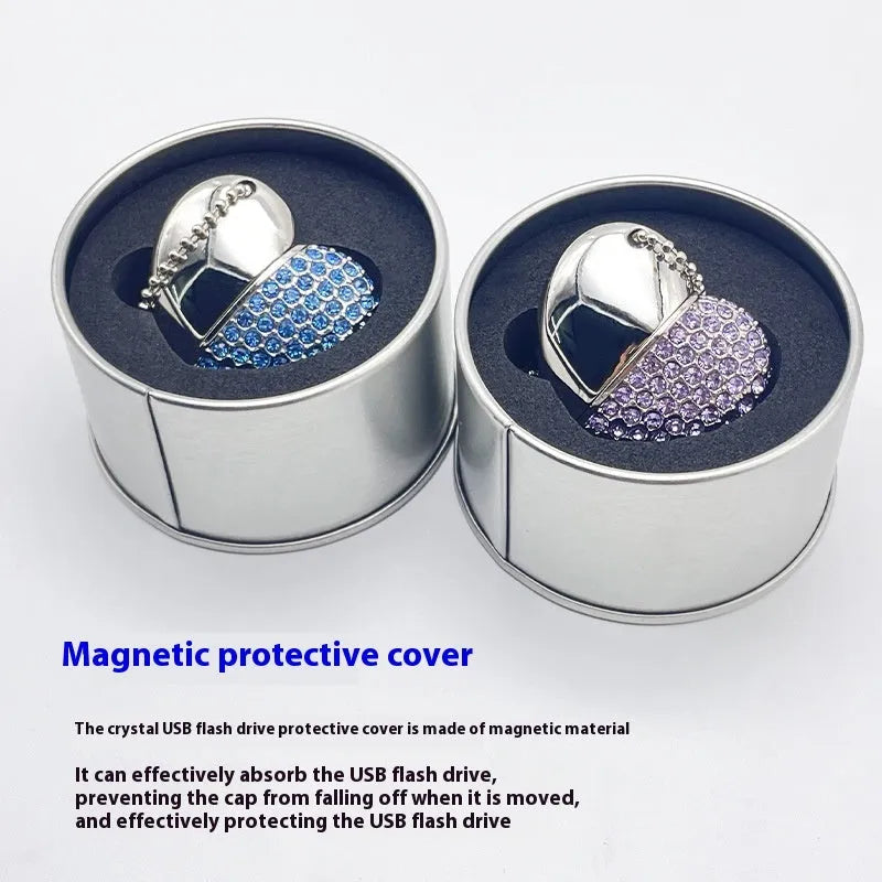 Heart-shaped brick pattern USB flash drive in blue, showing metal shell and USB connector.