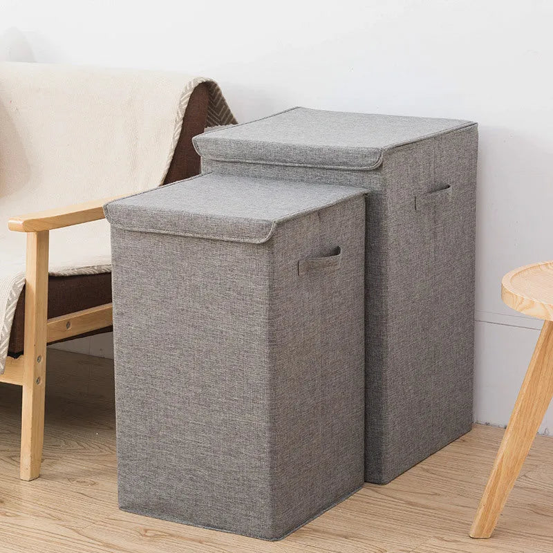 Foldable cotton linen storage basket in modern simple style shown in grey colour
