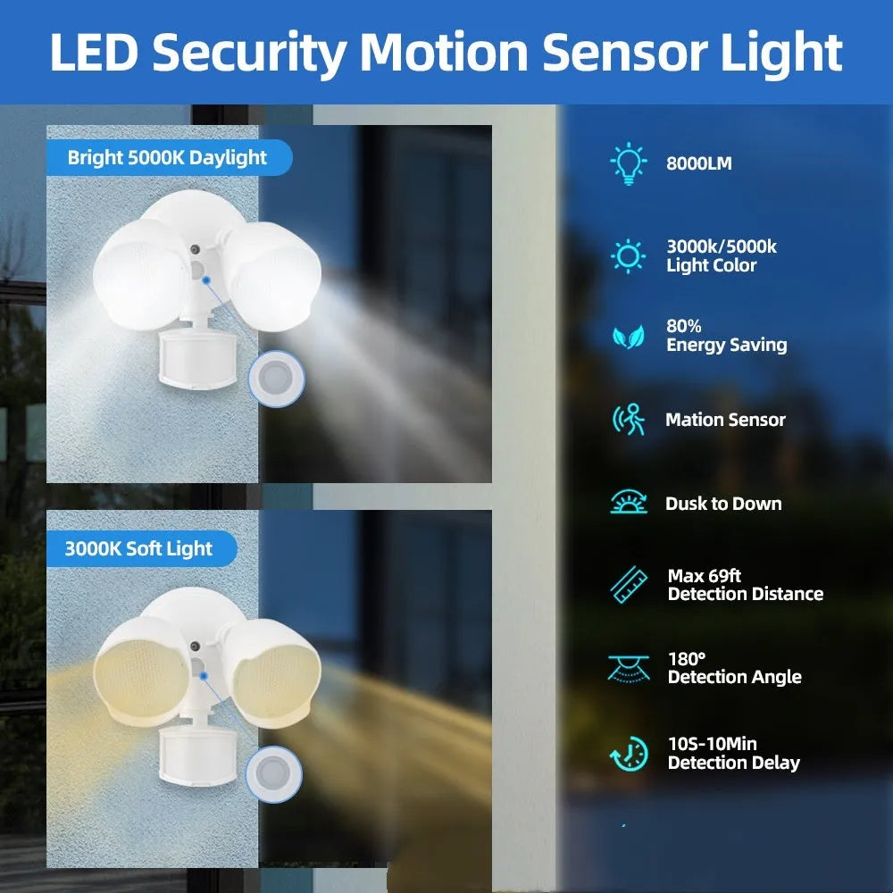 White outdoor LED security flood light with motion sensor showing dimensions 200x195x168mm