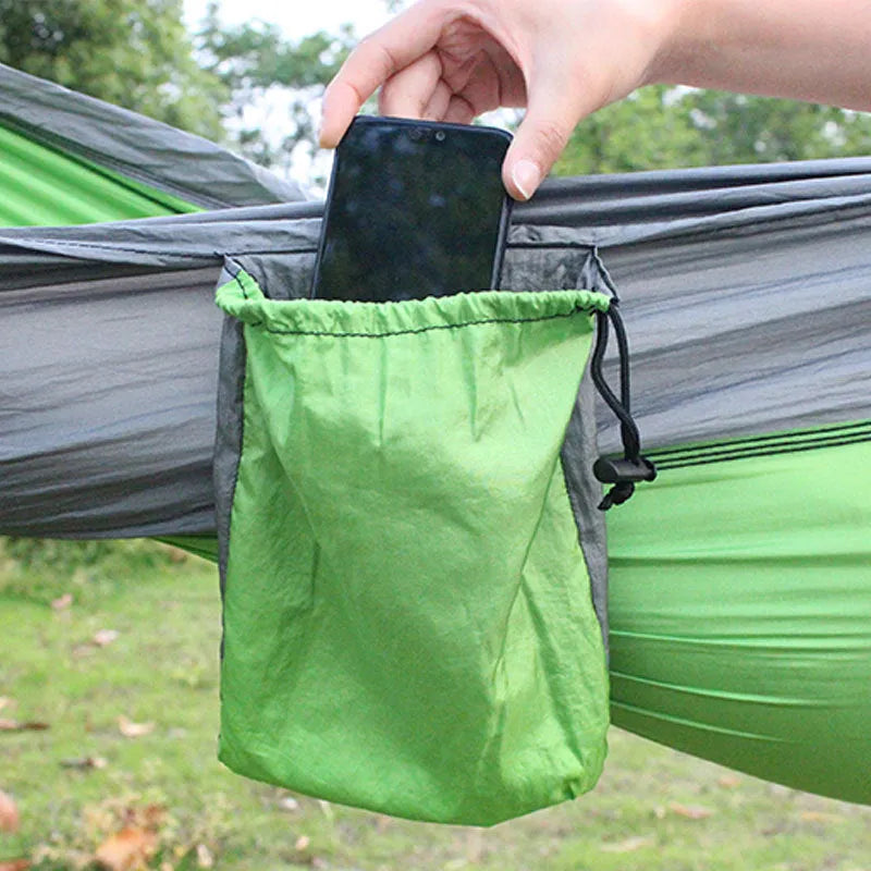 Outdoor nylon hammock in blue colour with reinforced stitching for camping and garden use