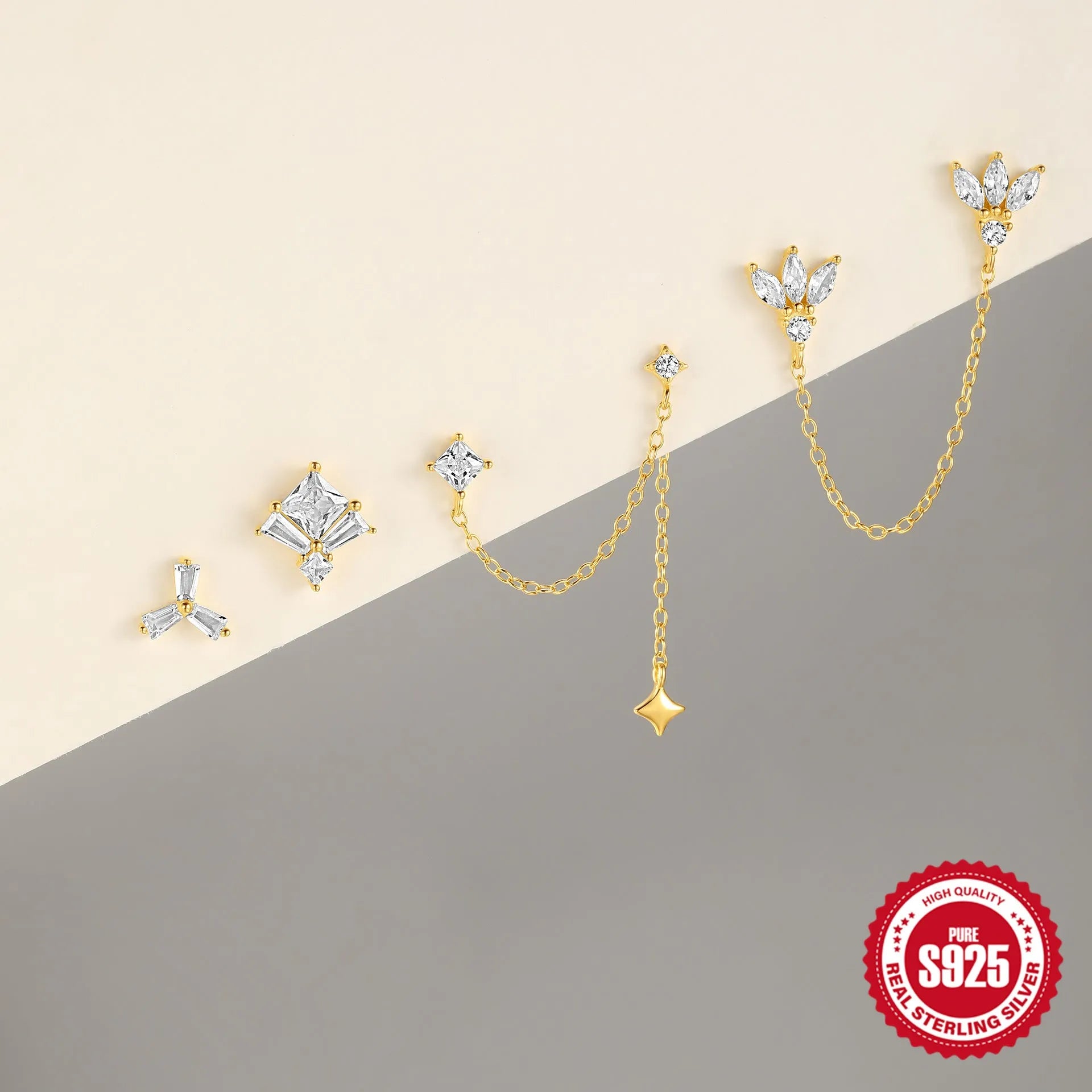 S925 sterling silver geometric chain stud earrings with zircon inlay in golden designs