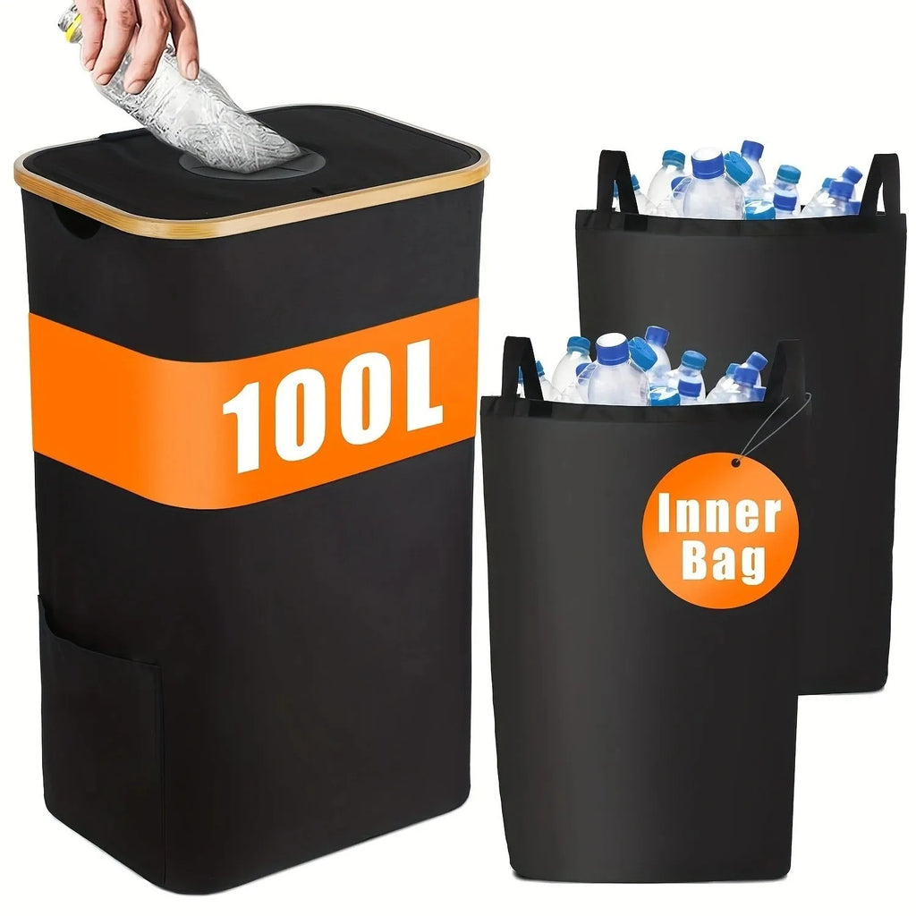 Black bamboo laundry basket with removable lid showing double inner pockets and Oxford cloth material