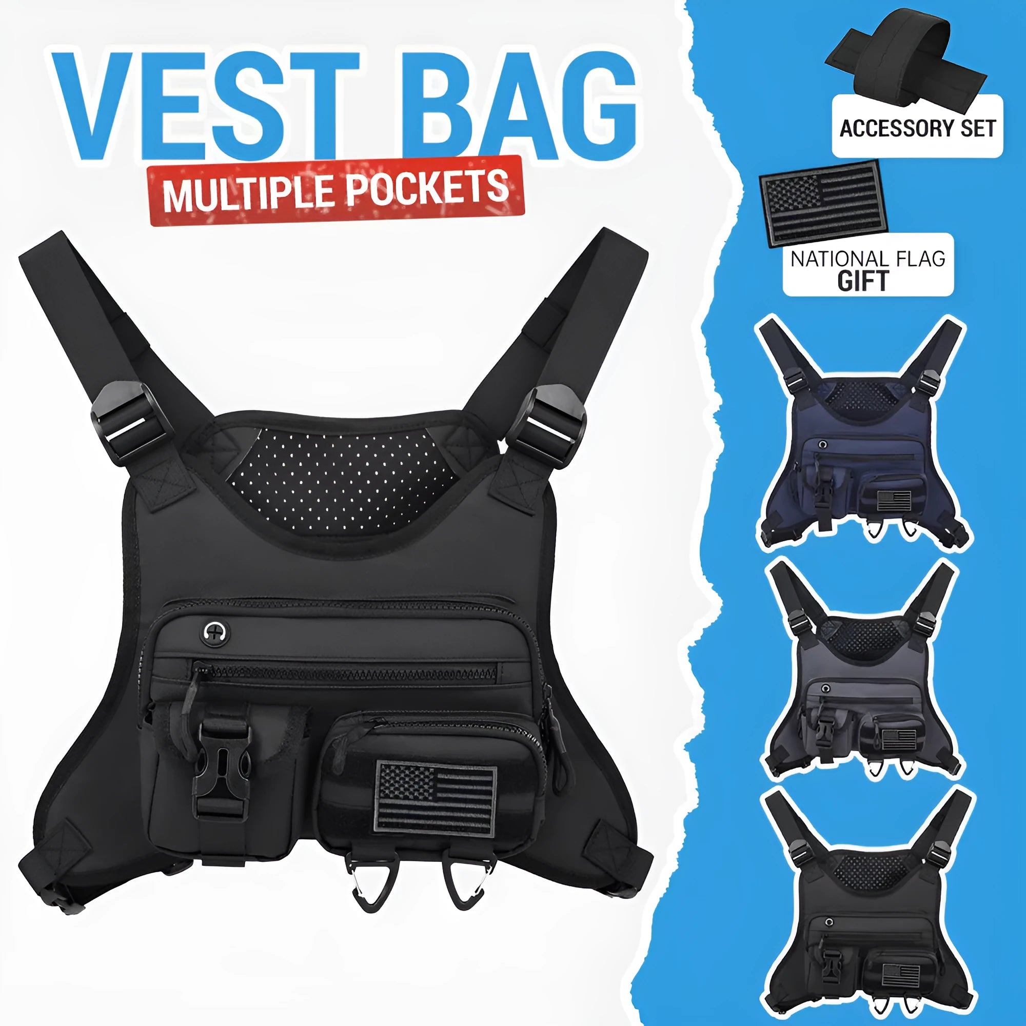 Oxford cloth chest bag with breathable vest design in black, blue, or grey for outdoor sports and riding