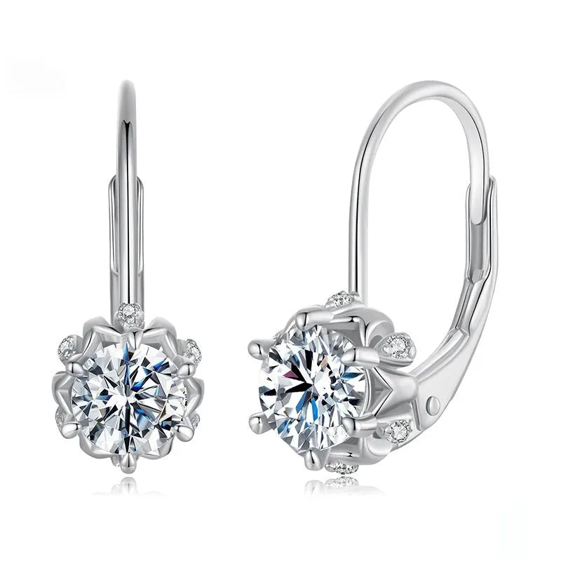 Sterling silver flower bud clip earrings with moissanite stones and white gold plating