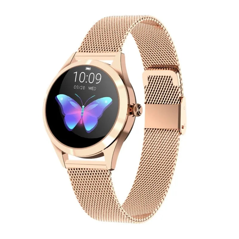 Women's smartwatch in black, rose gold, silver, or white with fitness tracking and phone notifications.