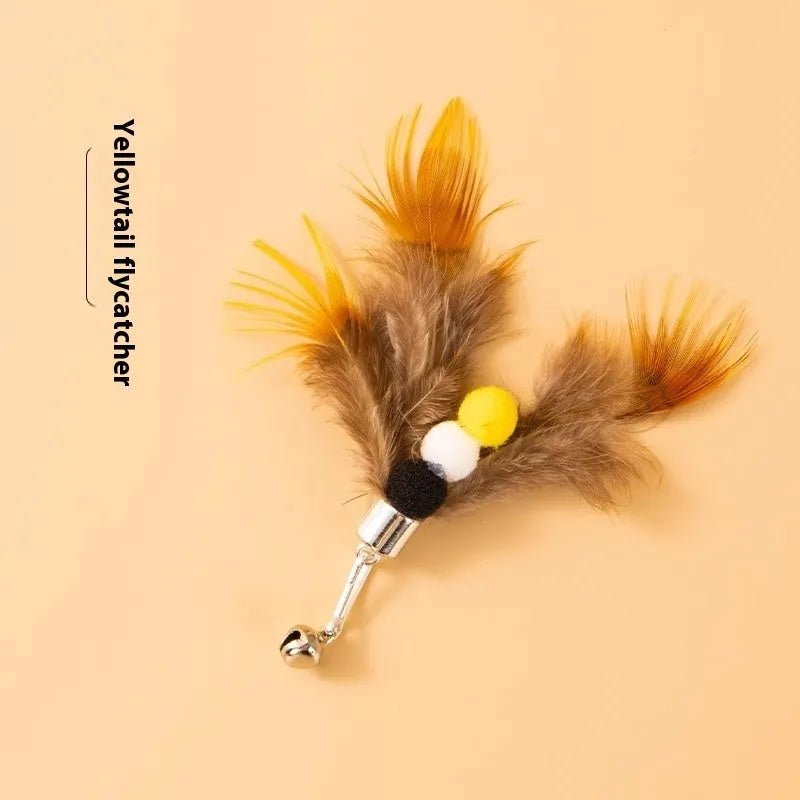Three small flying insect cat toy replacement heads with steel wire stems on white background