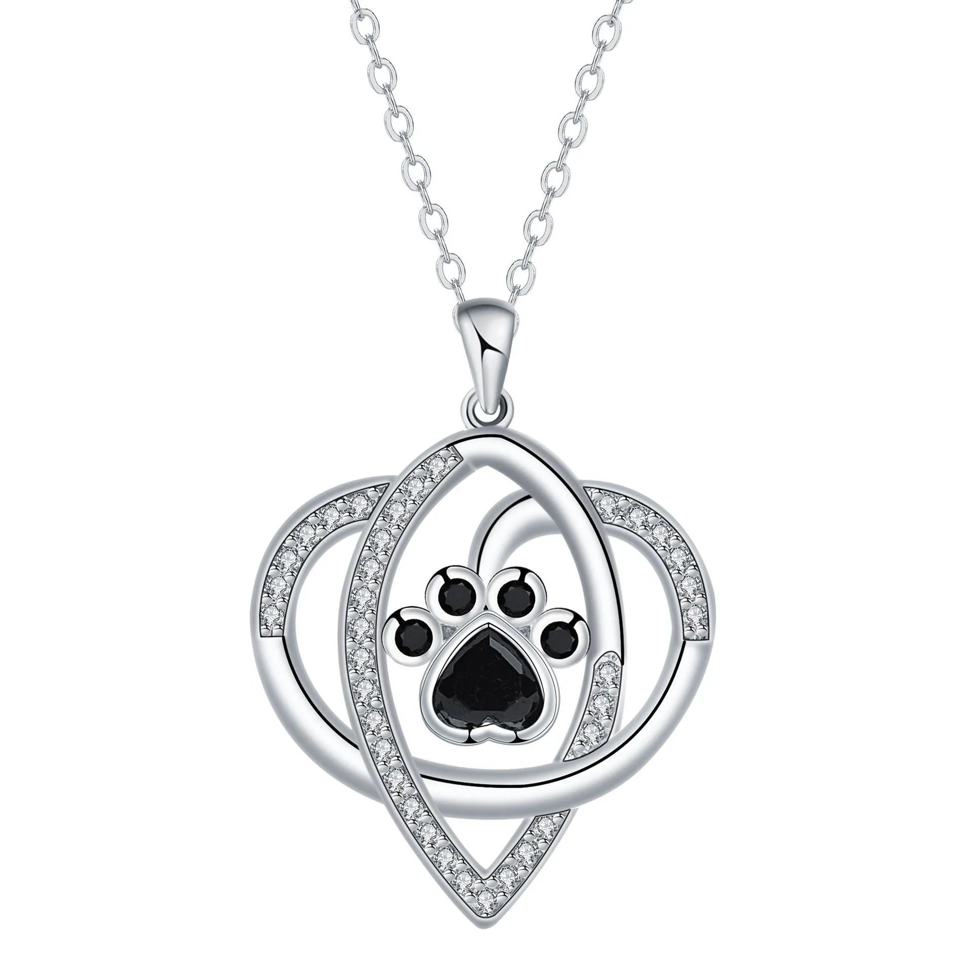 Copper pendant necklace showing a detailed cat and dog paw print design on a cross chain.
