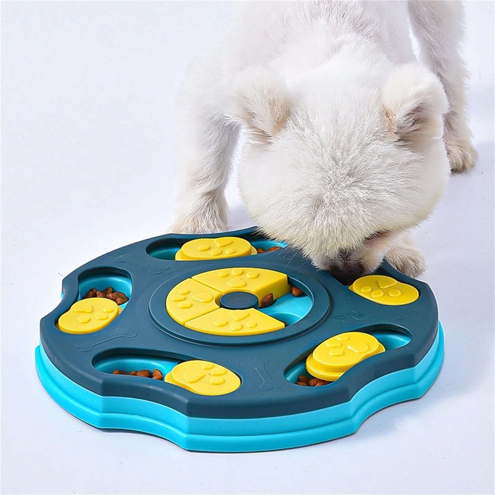 Blue and pink dog puzzle toy food feeder for interactive play and slower eating