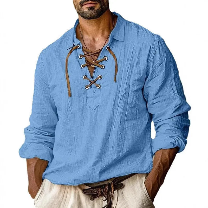 Men's plus size loose fit linen shirt in blue with long sleeves and pullover design