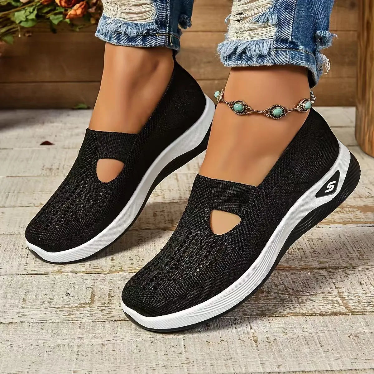 Casual low-top mesh shoes with a soft PVC sole and a T-shaped shoulder strap, shown in various colours.