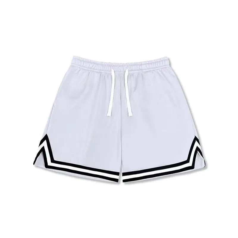Men's loose sport shorts in polyester fabric available in nine colours including black, white, apricot, and blue shades