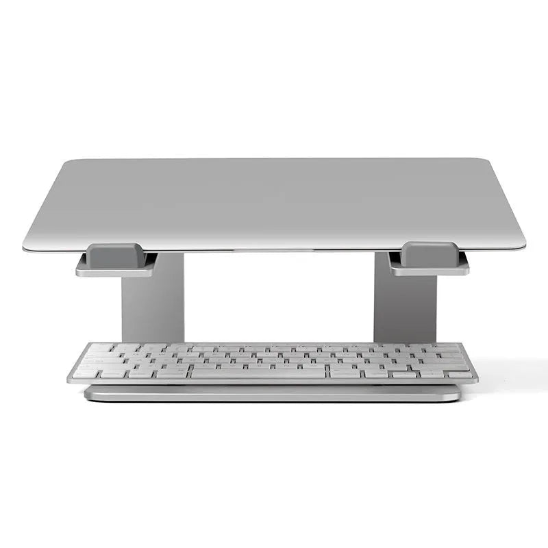 Black aluminium alloy laptop stand on desk with laptop elevated for cooling