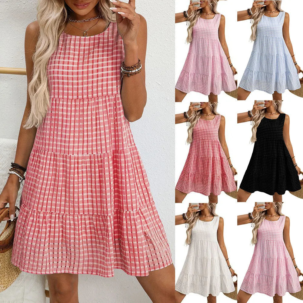 Women's loose sleeveless plaid dress with oversized swing skirt in light blue colour