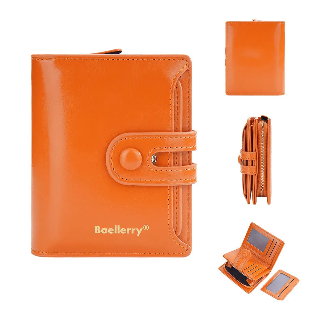 Women's PU leather card holder wallet showing colour options including lake water green and yellow brown