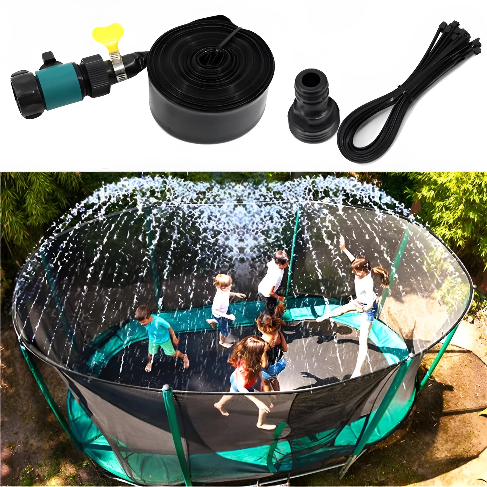Portable garden sprinkler with PVC hose in blue or orange colour