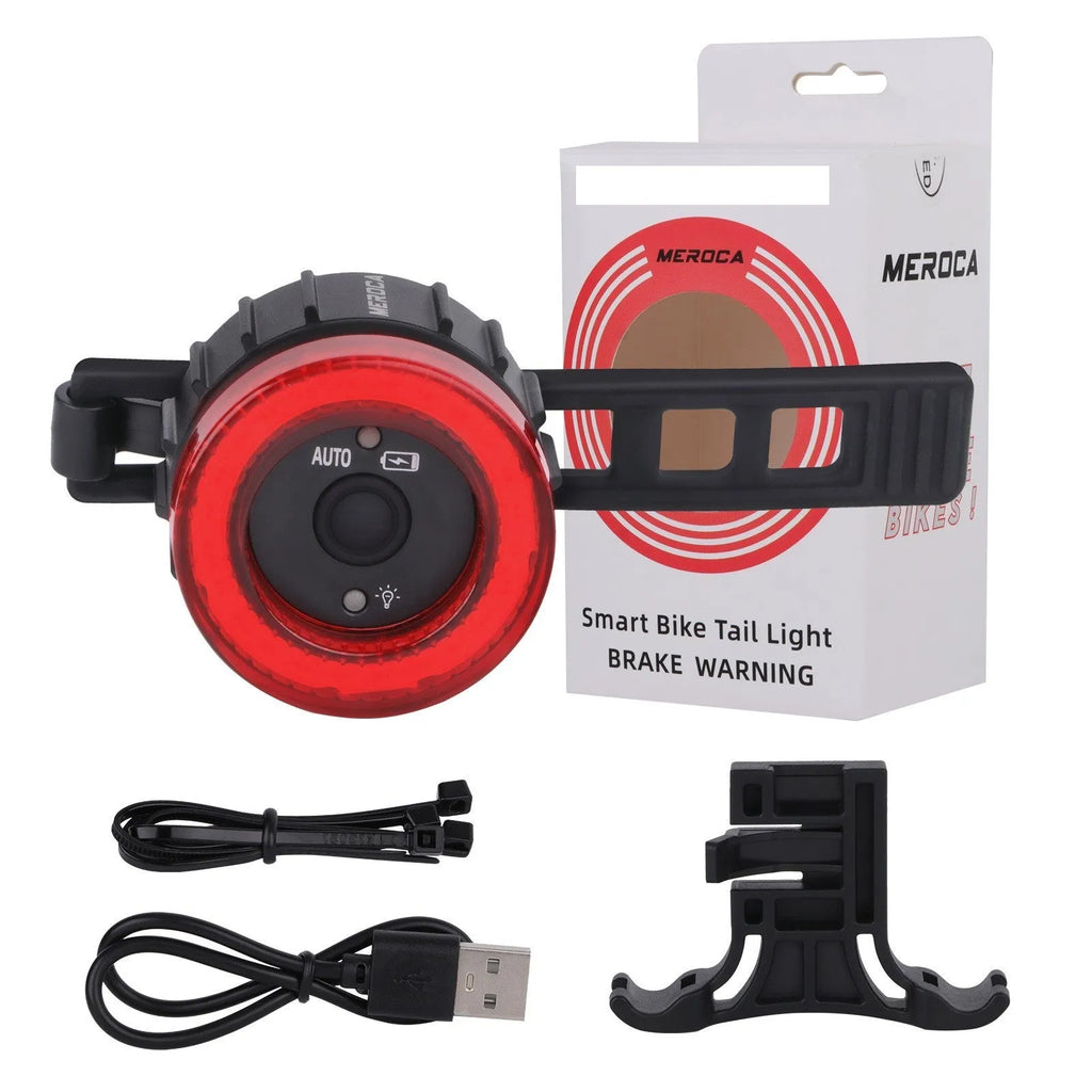 Black intelligent induction brake taillight with aluminium alloy housing and plastic seat tube bracket