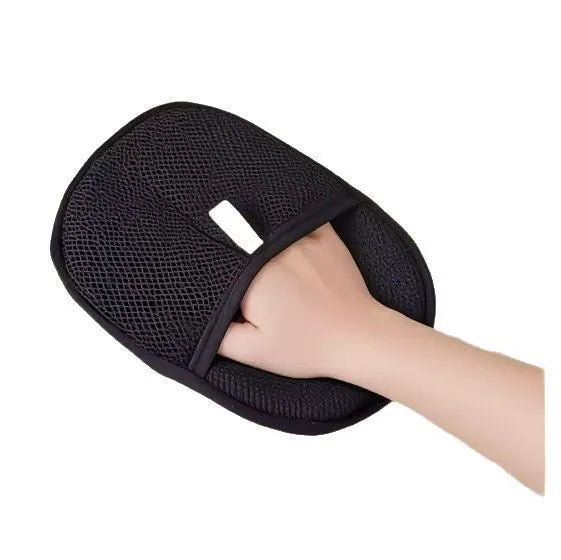 Black pet grooming glove with silicone bristles for removing hair from dogs cats rabbits