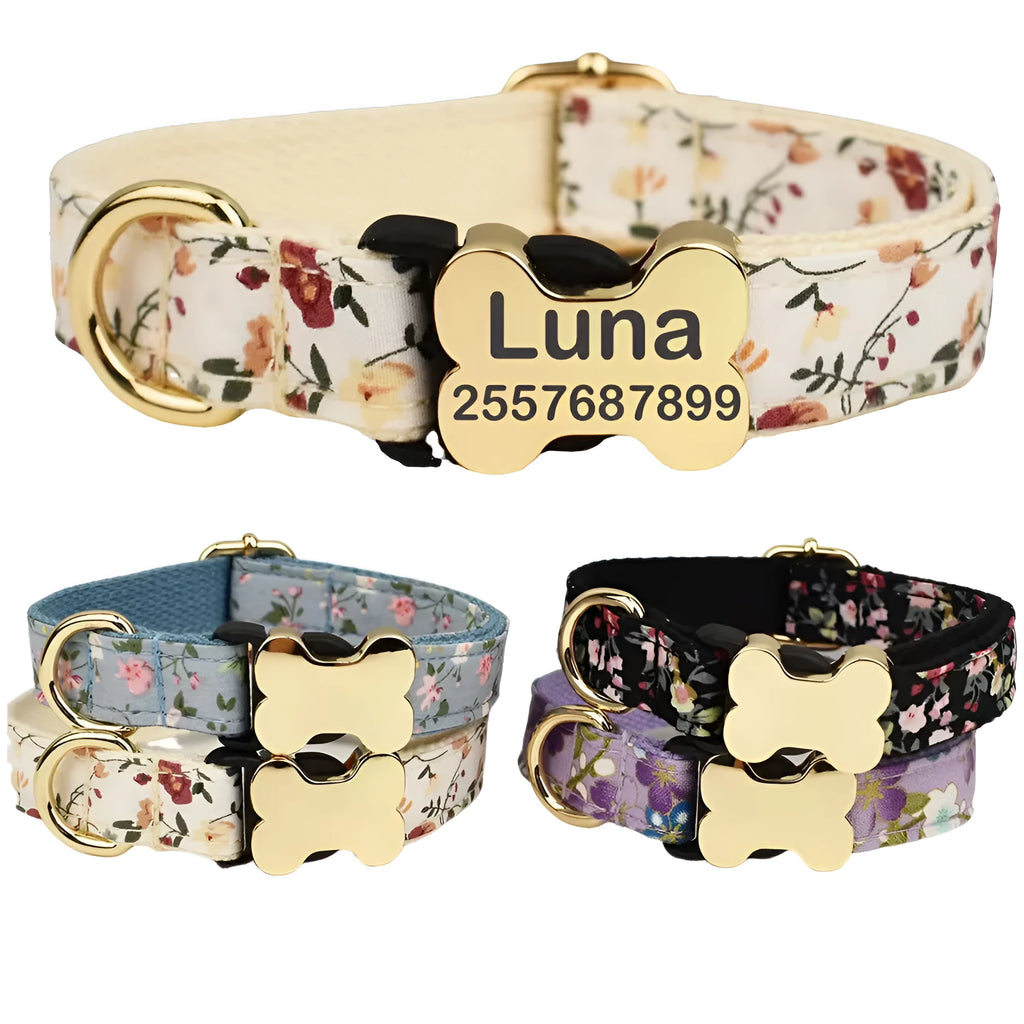 Nylon dog collar with printed grid pattern and a bone-shaped metal buckle in a selected colour.