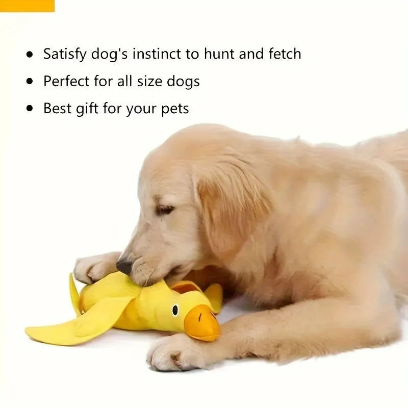 Yellow plush duck dog toy with treat compartments and squeaker for training
