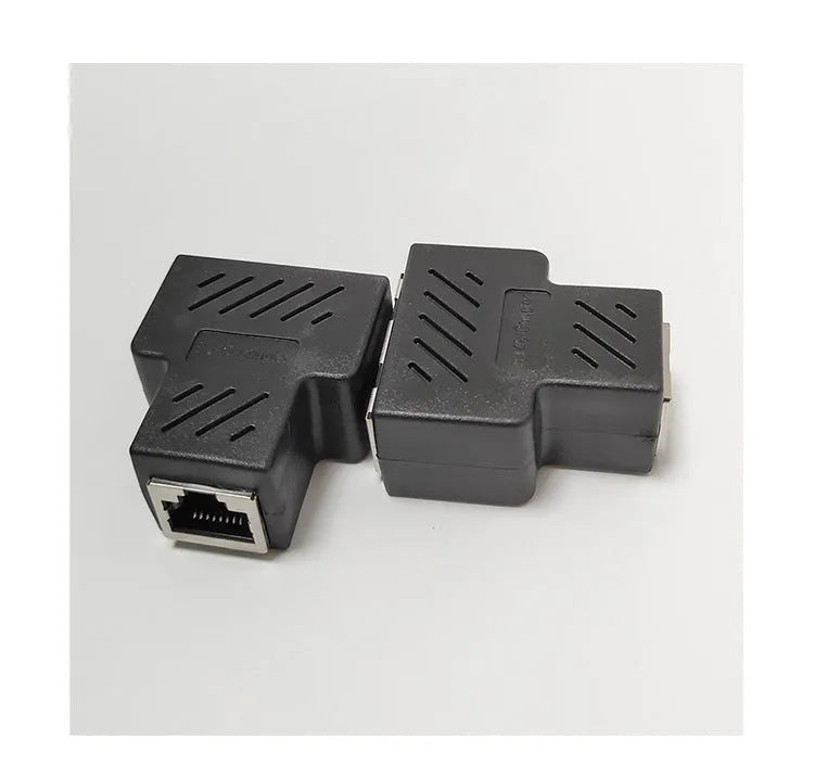 RJ45 network cable splitter adapter in multiple colours, showing one input and two output ports.