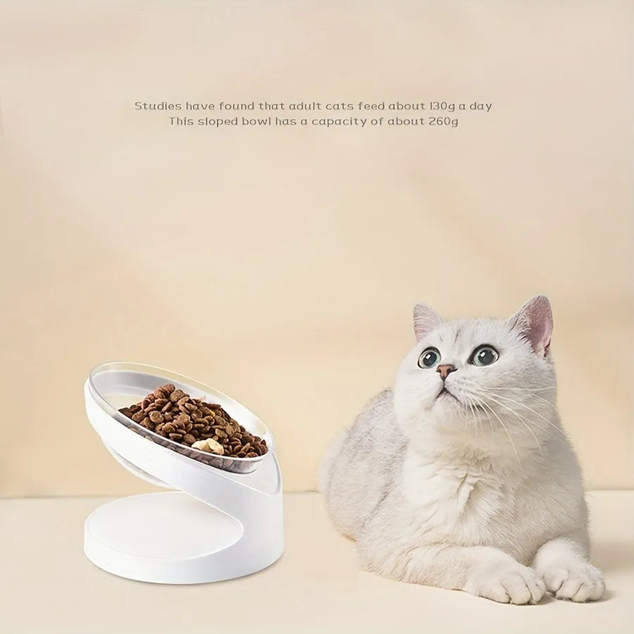 Clear white plastic cat food bowl with 4-degree anti-vomit tilt angle