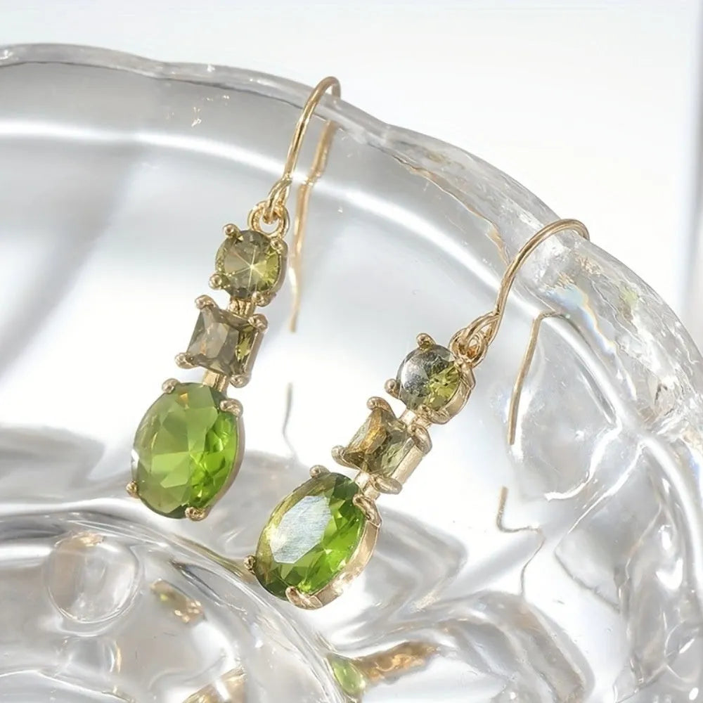 Green geometric bohemian earrings with quadrilateral design on copper alloy