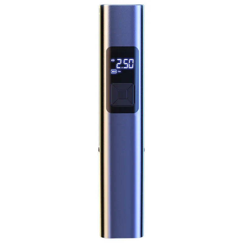 Wireless digital display car air pump and vacuum cleaner with accessories on a grey background.
