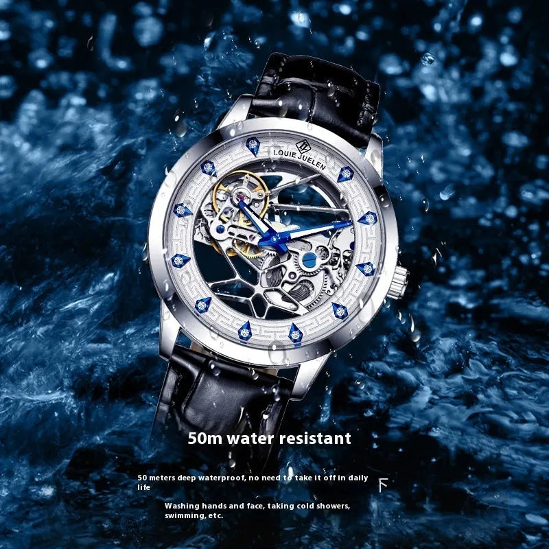 Men's silver case mechanical watch with white face, blue hands, black genuine leather strap and stainless steel butterfly buckle