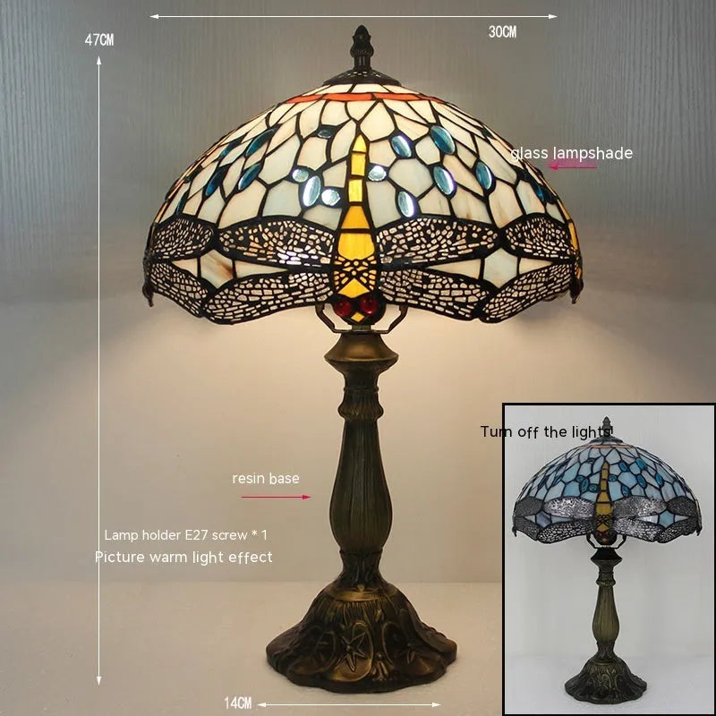 Stone table lamp with Tiffany-style dragonfly design in retro European style
