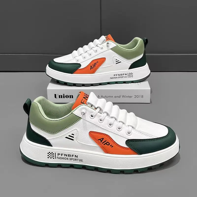 Men's casual shoes in artificial PU with round toe, available in white and orange, white and black, or white and brown colours