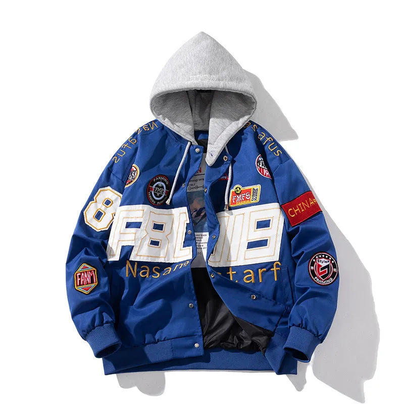 Black American motorcycle baseball jacket with side pockets, shown with detachable hood, for couple riding.