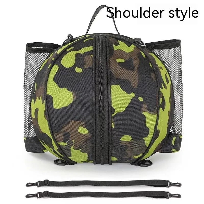 Oxford cloth basketball bag with 9L capacity in black or camouflage featuring one-shoulder and two-shoulder straps