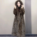 Women's plus size long faux fur coat in brown leopard print pattern with 100cm length